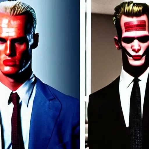 Image similar to max headroom as the american psycho, bateman stare, cinematic still