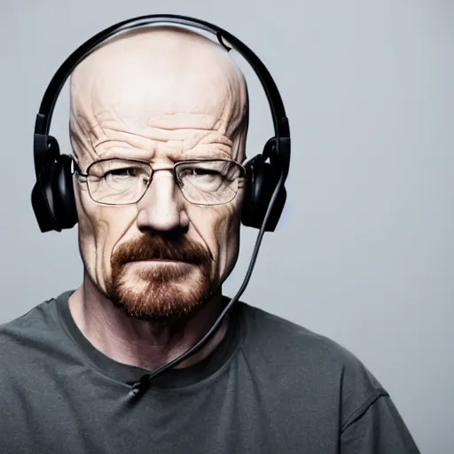 Image similar to professional head shot of walter white wearing a gaming headset and sitting in a gaming chair in a bedroom, 8 k, dslr, very detailed, very intricate,