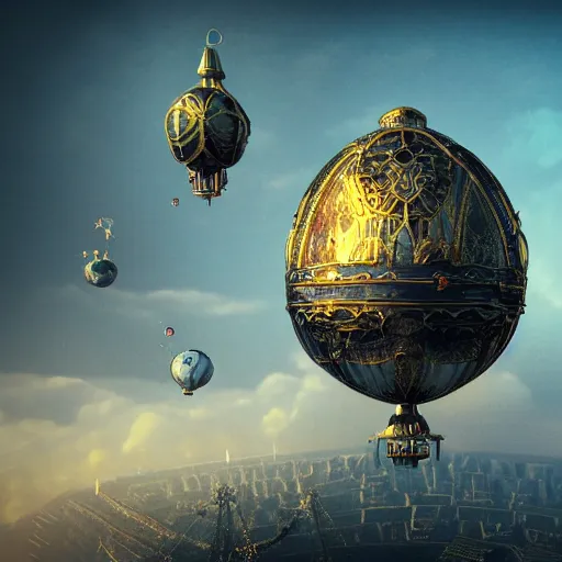 Image similar to enormous flying city in a faberge egg, sky, steampunk, fantasy art, octane render