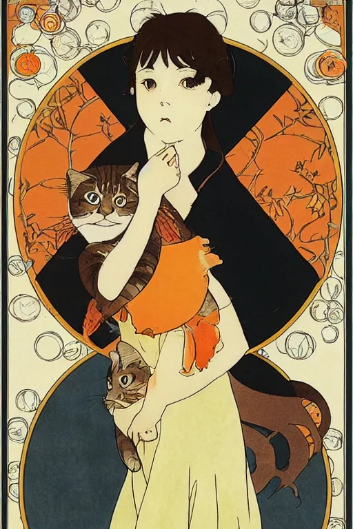 Image similar to a girl playing with a cat by studio ghibli and mucha ,Visual Communication Design Refreshing colour ,orange slices
