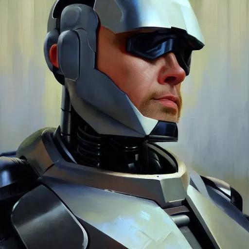 Prompt: greg manchess portrait painting of james murphy aka robocop as overwatch character, aesthetic, medium shot, asymmetrical, profile picture, organic painting, sunny day, matte painting, bold shapes, hard edges, street art, trending on artstation, by huang guangjian and gil elvgren and sachin teng