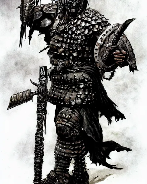 Image similar to full body of a shaman goth soldier wearing armor by simon bisley, john blance, frank frazetta, fantasy, barbarian