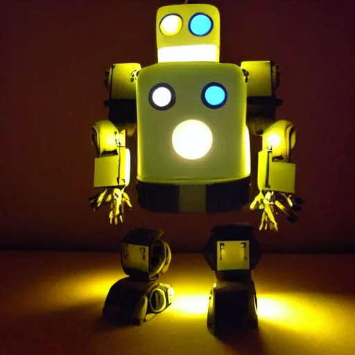 Prompt: i made a combat robot made out of light bulbs and cheese. photo