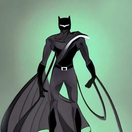 Prompt: dark - skinned superhero with a black suit and very minimal green details, his power comes from a ring that gives him feline - like powers and a spectacular mask that turns the iris of his eyes green. he has beard. as a weapon he has an expandable staff. he wears no cape. he has a belt as a feline tail.