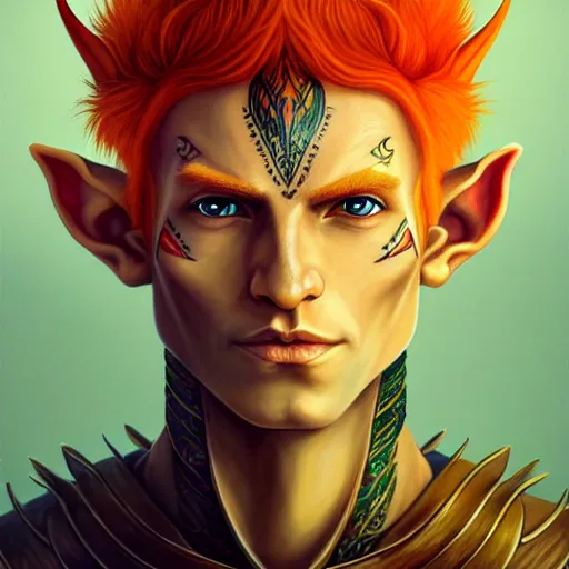 Image similar to portrait painting of an elven eladrin young man with very short light orange hair and tribal tattoos in his cheekbones wearing fur armor, d & d, rpg, sharp focus, award - winning, trending on artstation, masterpiece, highly detailed, intricate. art by josan gonzales and moebius and deathburger