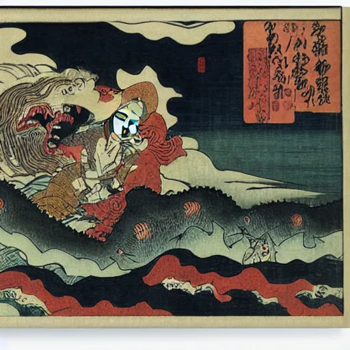 Prompt: A sea full of mythical monsters by Utagawa Kuniyoshi, ukiyo-e, nightmare ocean storm