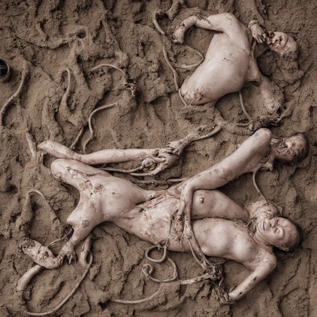 Image similar to overhead view a woman's corpse connected by an umbilical cord to a baby buried under sand, mud and rusty pipes, faded, depth of field,, ultra realistic, very detailed, by hans bellmer and nadav kander, 8 k hyper realistic detailed cinematic still