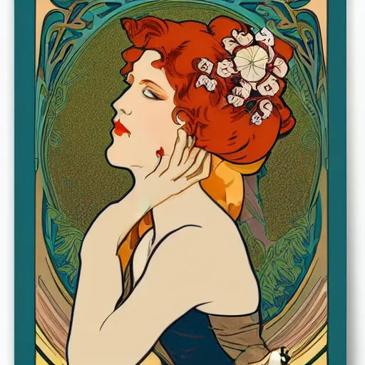 Prompt: Art nouveau vertical poster of a gorgeous redheaded woman with glasses wearing a flower dress, elegant pinup, in the style of Alphonse Mucha