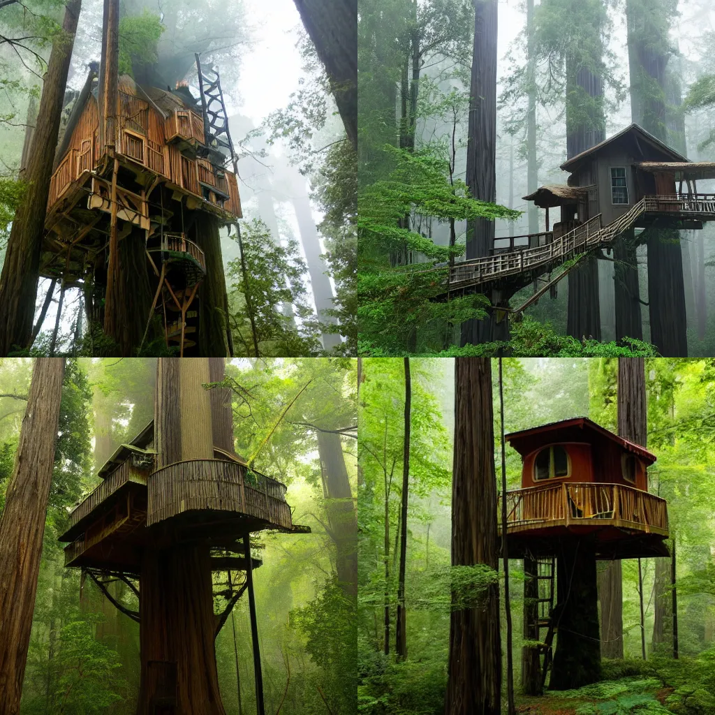 Prompt: there is a treehouse, the treehouse is in a foggy redwood forest