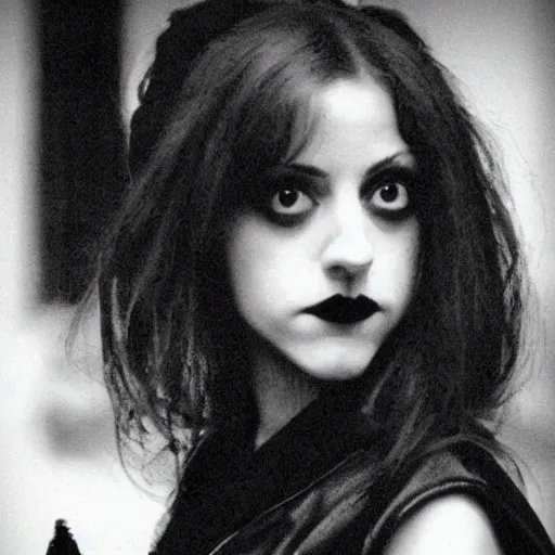 Image similar to a goth Brittany Murphy spirit, dark eerie photo