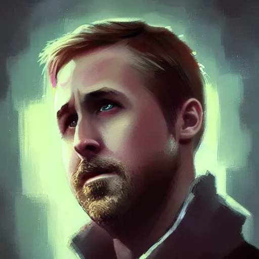 Image similar to “Portrait of Ryan Gosling by Greg Rutkowski, young, attractive, highly detailed portrait, scifi, digital painting, artstation, concept art, smooth, sharp foccus ilustration, Artstation HQ”