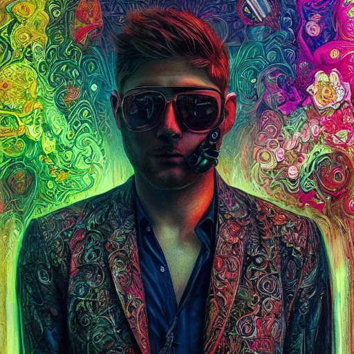 Prompt: portrait of jensen ackles, hyper detailed masterpiece, neon floral pattern, jean giraud, digital art painting, darkwave goth aesthetic, psychedelic, artgerm, donato giancola and tom bagshaw