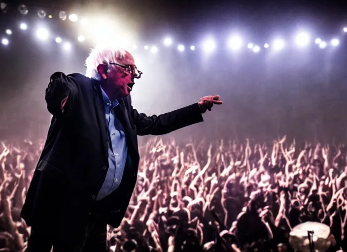 Image similar to publicity photo still of bernie sanders in a death metal band playing live on stage, 8 k, live concert lighting, mid shot