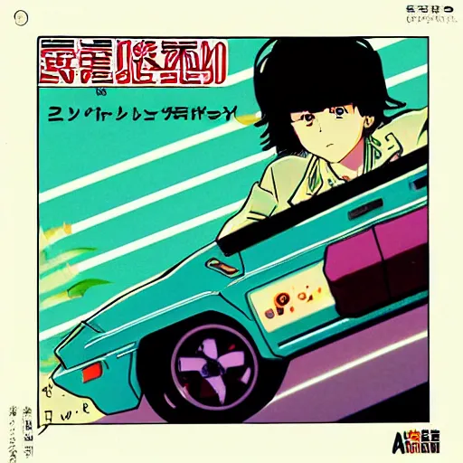 Image similar to album - cover of a 1 9 8 0 s japanese city - pop record featuring an anime illustration by leiji matsumoto. cute stylish woman ; sports car ; neon ; urban summer drive.