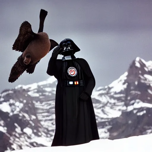 Image similar to a canada goose standing on darth Vader's shoulders in the death stat