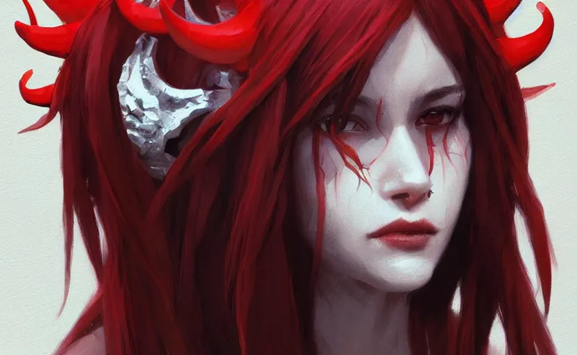 Image similar to a painting of aki trending on artstation in the style of greg rutkowski, beautiful, sensual, natural skin, red horns on head, long black hair