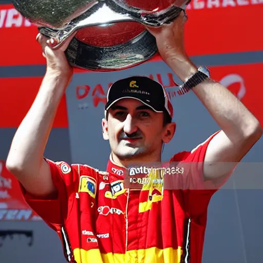 Prompt: Robert Kubica wearing a Ferrari uniform holding a F1 driver championship trophy, news photography, detailed, in focus
