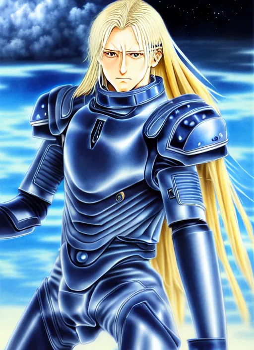 Image similar to a detailed manga full body portrait illustration of a man with long blonde hair and blue eyes wearing a sci - fi battle suit by hirohiko araki, detailed artwork, realism, 4 k resolution, detailed, high quality, sharp focus, hq artwork, insane detail, volumetric lighting, character concept art, fine details, clear subject, central subject