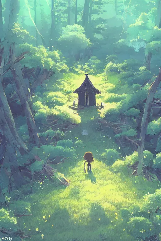 Prompt: a lonely witch's hut in a clearing in the forest on which a giant spaghetti monster is approaching, top view rule of thirds golden ratio, fake detail, trending pixiv fanbox, acrylic palette knife, style of makoto shinkai studio ghibli genshin impact james gilleard greg rutkowski chiho aoshima