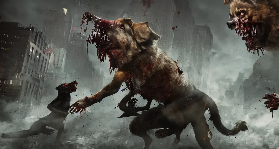 Prompt: the german shepherd of I am legend in new york attacking a zombie, foam around the teeth, octane render, unreal engine, style of peter mohrbacher, 8k highly detailed