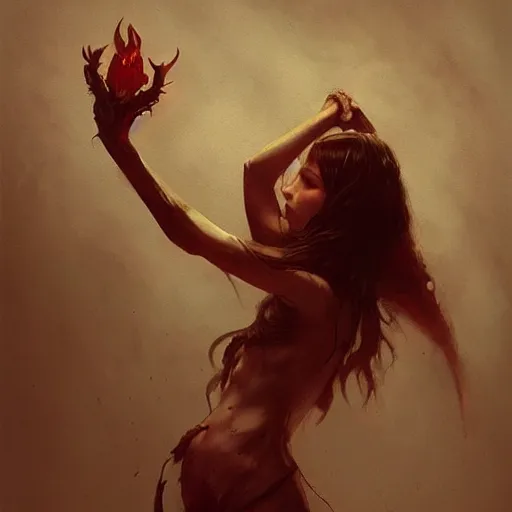 Image similar to “a beautiful girl performing a satanic ritual by Greg Rutkowski, dark fantasy, realism, trending on Artstation”