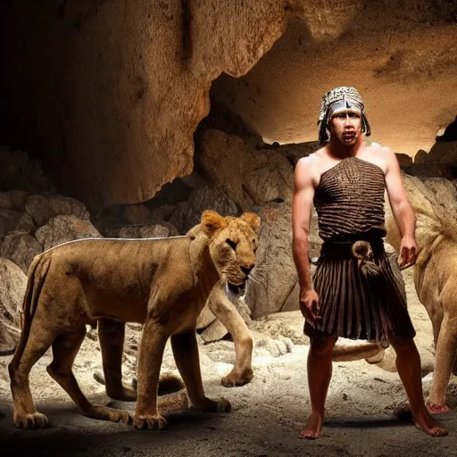 Prompt: dramatic film still of 3 5 year old man in ancient canaanite clothing surrounded by ferocious lions. cave interior background. directed by michael bay