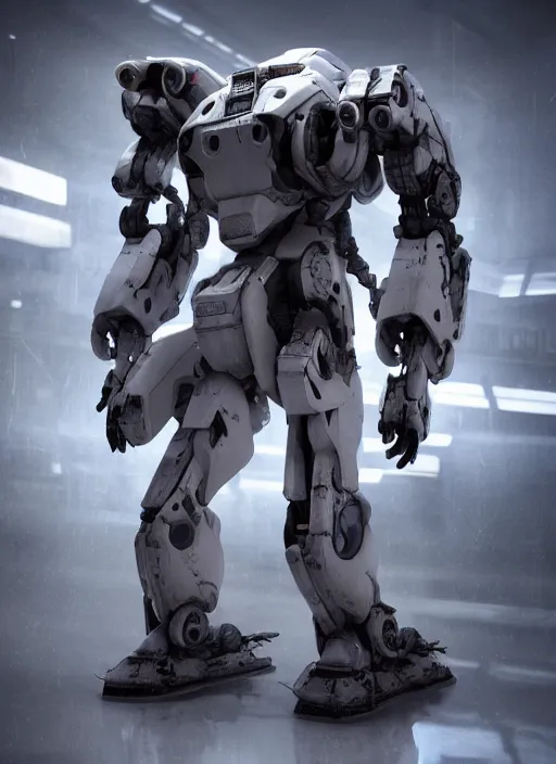 Prompt: a Photorealistic dramatic hyperrealistic render of a futuristic exosuit warrior Mech,Ultra realistic details,glossy white metal,weathered surfaces,by Hidetaka Tenjin,Yoh Yoshinori,Yoji Shinkawa,Masamune Shirow,Beautiful dramatic dark moody tones and lighting,cinematic atmosphere,studio lighting,shadows,dark background, Octane render,8K