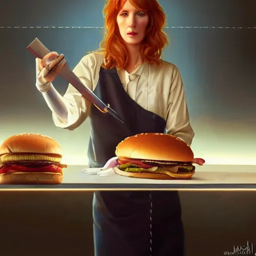 Image similar to Kelly Reilly performing emergency surgery on a big mac hamburger, dripping BBQ Sauce, operating on burgers, operating room, surgical gear, intricate, elegant, highly detailed, digital painting, artstation, concept art, matte, sharp focus, illustration, art by Artgerm and Greg Rutkowski and Alphonse Mucha