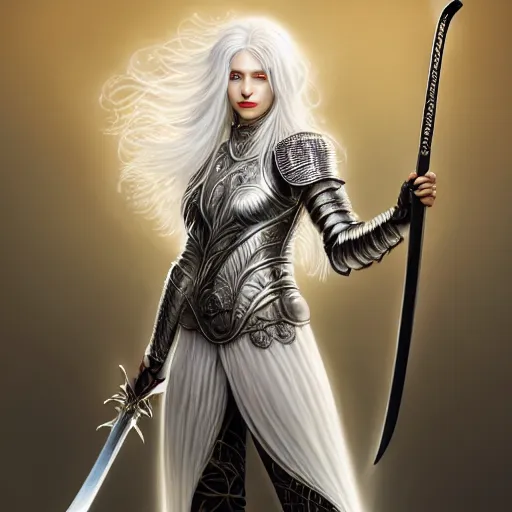 Image similar to full body painting of a woman with flowing luscious glowing white hair standing whilst holding a sword, wearing intricate plate - armor and leather underneath. intricate, elegant, highly detailed, digital painting, artstation, concept art, smooth, sharp focus, illustration, by terry wei, qiu fang, tooth wu, kan liu, siwoo kim, jisu choe