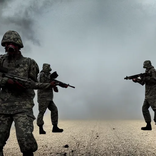 Prompt: military road block with sandbags and armed soldiers during zombie apocalypse, old 3d cgi, high quality, mist, smoke, high focus, dark mood,