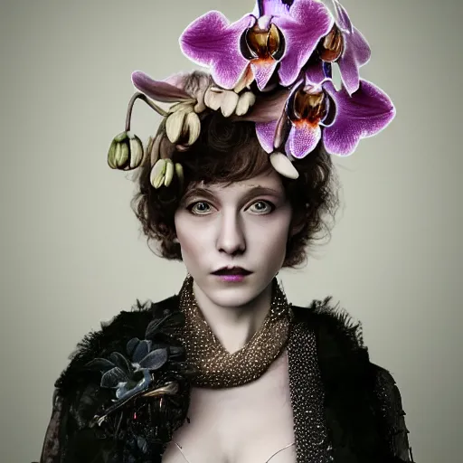 Prompt: long shot kodak portra 4 0 0, 8 k, volumetric lighting, highly detailed, britt marling style 3 / 4, fine art portrait photography in style of paolo roversi, orchid, orchid flower, 3 d render 1 5 0 mm lens, art nouveau fashion queen, elegant, hyperrealistic ultra detailed, 8 k