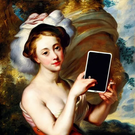 Image similar to heavenly summer sharp land sphere scallop well dressed lady taking a selfie with her iphone auslese, by peter paul rubens and eugene delacroix and karol bak, hyperrealism, digital illustration, fauvist, iphone