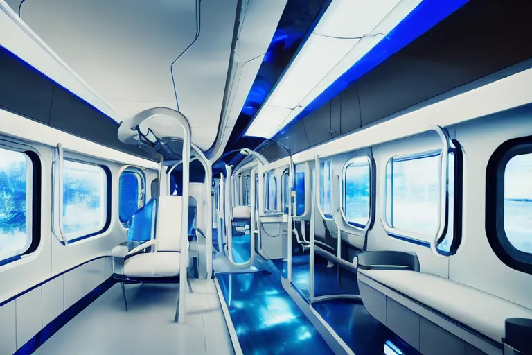 Prompt: futuristic train!! designed by apple, natural light, detailed, canon eos c 3 0 0, ƒ 1. 8, 3 5 mm, 8 k, medium - format print, blue light accents