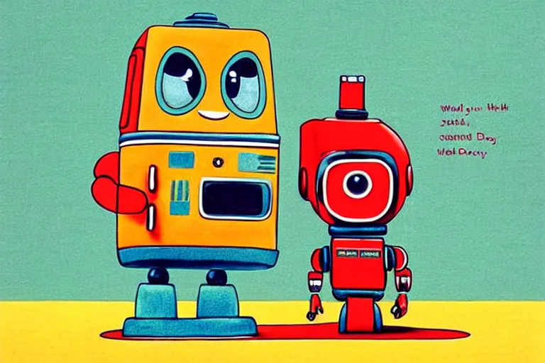 Image similar to ( ( ( ( ( ( ( a robot and a dog ) ) ) ) ) ) ) by richard scarry!!!!!!!!!!!!!! muted colors