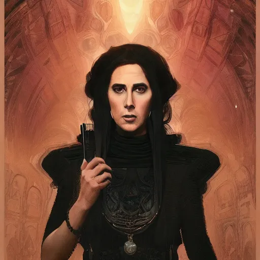 Image similar to Nicolas cage as a woman wearing a black dress, beautiful, intricate, highly detailed, digital painting, artstation, oppressive lighting, sci-fi concept art, sharp focus, illustration, art by greg rutkowski and alphonse mucha