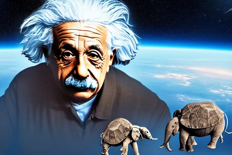 Image similar to still fullbody photo of sad albert einstein in spacesuit in space, flat earth on elephants and turtle at background, highly detailed, photorealistic shot, bright studio setting, studio lighting, crisp quality and light reflections, unreal engine 5 quality render