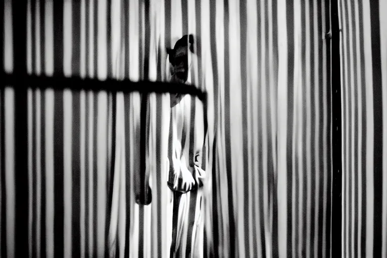 Image similar to a cinematic portrait of a mental patient dressed in a a black and white striped clothing, in a small brilliant white prison cell, red color theme, dust storm, annie leibovitz and zack snyder, 8 k, hd, high resolution, 8 5 mm, f / 1. 8