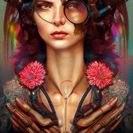 Image similar to Lofi cyberpunk portrait beautiful woman with short brown curly hair, roman face, phoenix, rainbow, floral, Tristan Eaton, Stanley Artgerm, Tom Bagshaw