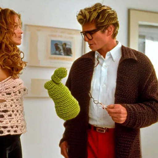 Image similar to Scene from Pretty Woman with crocheting figures. Julia Roberts and Richard are crocheting figures made of crochet