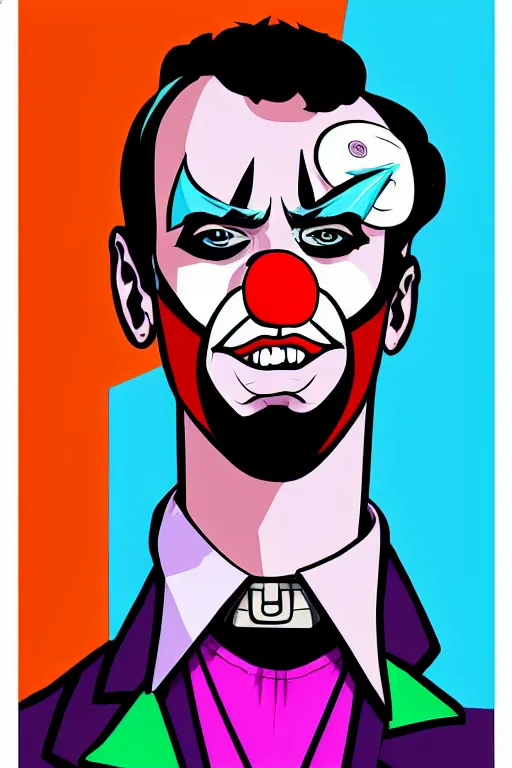 Image similar to display twitter guy wearing an blouses with clown mask. pop art, gta vice city art style, digital art, arstation art, pixel art, face and body features details, ultra realistic details, concept art, casual art, sharp focus, illustration, intecrate details, elegant, confident posse, art by mark millar and richard hamilton and mimmo rottela