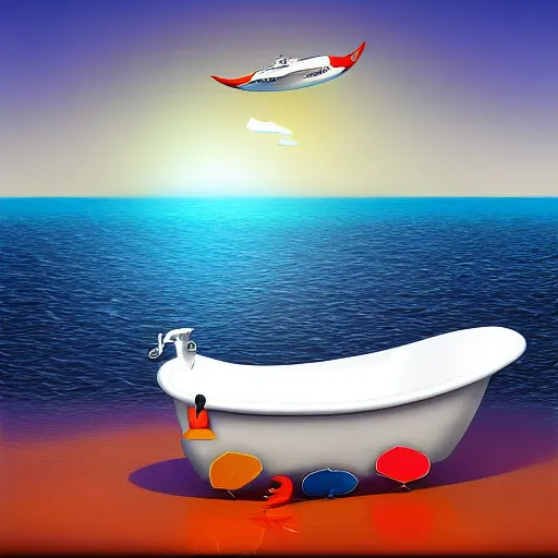 Prompt: cruise liner in the shape of a bathtub duck in the middle of the ocean. digital art