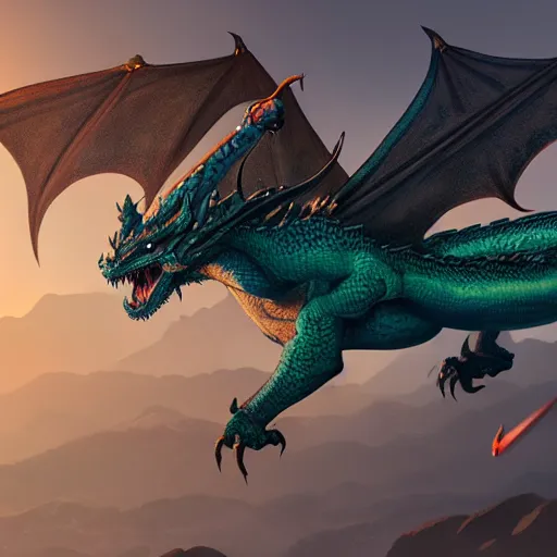 Prompt: A huge and detailed dragon in flight, D&D, fantasy, illustration, concept art, artstation, 8k, by Kyle Lambert and David Villegas