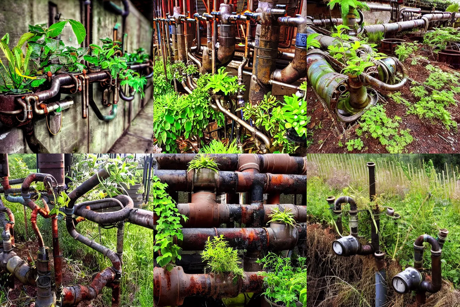 Prompt: plants growing out of old rusty pipes, steampunk