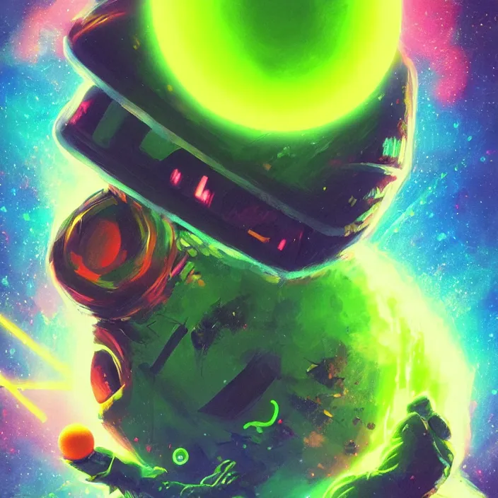 Image similar to cinematic portrait of a cute tennis ball monster in space, neon lasers, chalk, masterpiece, trending on artstation, featured on pixiv, cinematic composition, dramatic pose, beautiful lighting, sharp details, hyper - detailed, hd, hdr, 4 k, 8 k, art by basil gogos