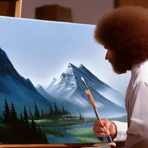 Image similar to a closeup photorealistic photograph of bob ross working on a canvas painting of darth vader. film still. brightly lit scene. mountains and trees. this 4 k hd image is trending on artstation, featured on behance, well - rendered, extra crisp, features intricate detail, epic composition and the style of unreal engine.