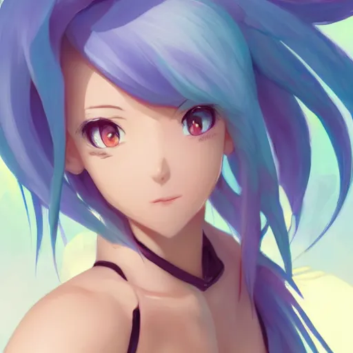 Prompt: aqua from konosuba, painting, cool color palette, detailed face, refreshing, soft lighting, by hayao myazaki, by wlop, by artgerm
