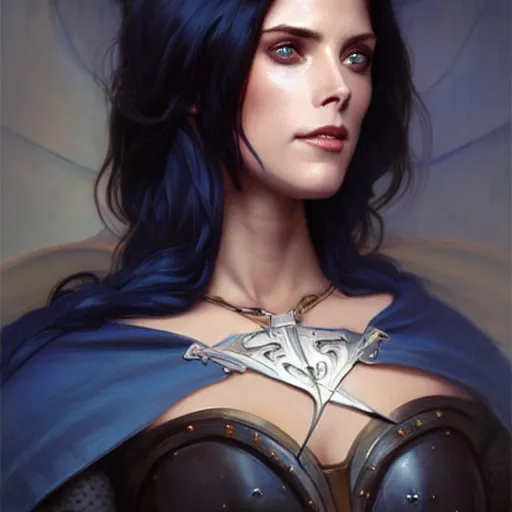 Prompt: Ashley Greene with dark blue hair as Joan of Arc, western, D&D, fantasy, intricate, elegant, highly detailed, digital painting, artstation, concept art, matte, sharp focus, illustration, art by Artgerm and Greg Rutkowski and Alphonse Mucha