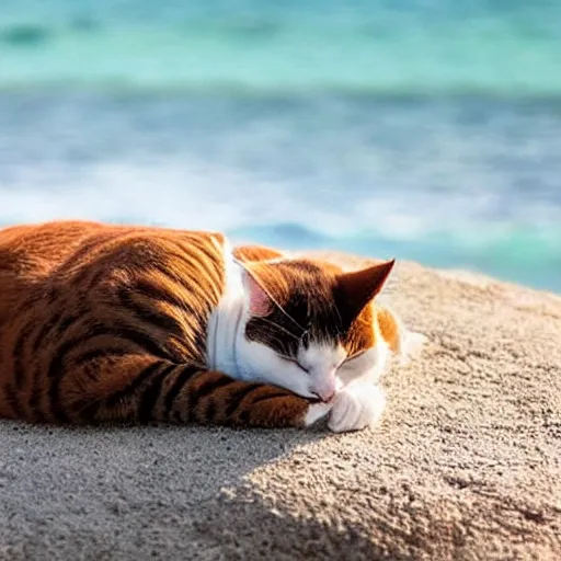 Prompt: a beautiful cat sleeping by the beach