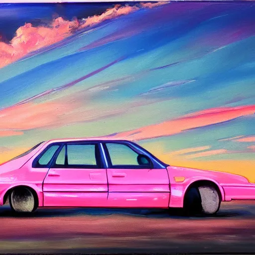 Image similar to an old 1 9 8 0 s car parked off the road, pink sunset, ocean in distance, oil painting, pale colors, high detail, 8 k, wide angle, trending on artstation,