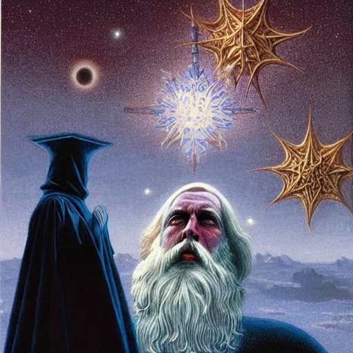 Prompt: majestic wizard with white long beard, blue coat with golden stars ornament, by wayne barlowe